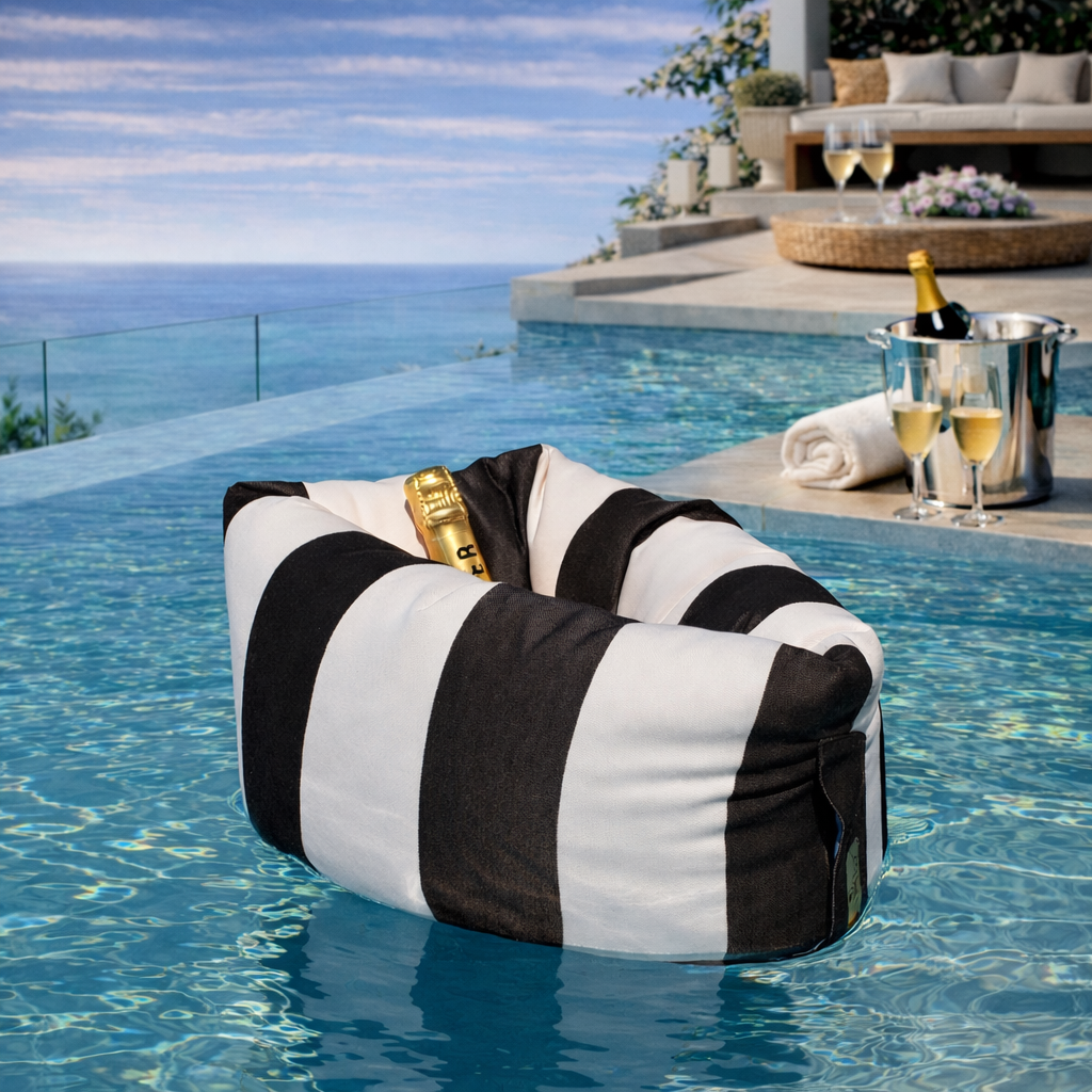 Schwarz weisser schwimmender Flaschenkühler Champagne Belt von chillisy hergestellt in Deutschland