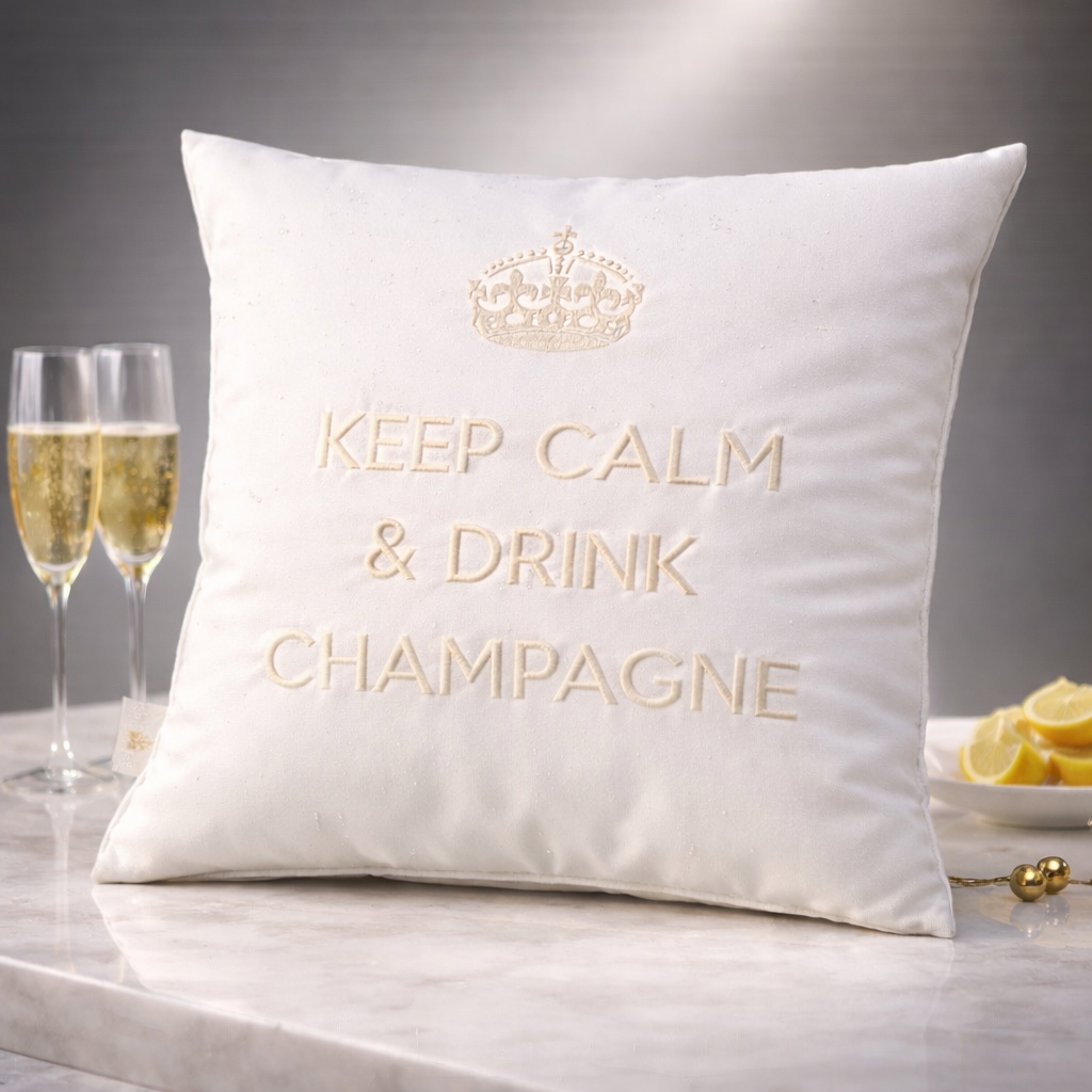 Luxuriöse Outdoor-Kissen „Keep Calm & Drink Champagne“ auf Marmortisch mit Champagnergläsern und Zitronen – wasserfestes Premium Gartenkissen für Terrasse, Pool und Yacht.