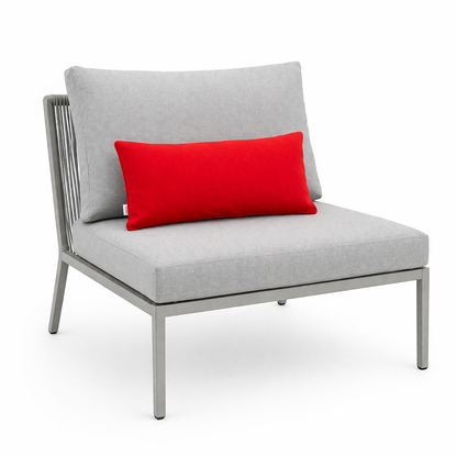 Gartenkissen in Rot auf grauer Lounge von chillisy in Deutschland hergestellt.