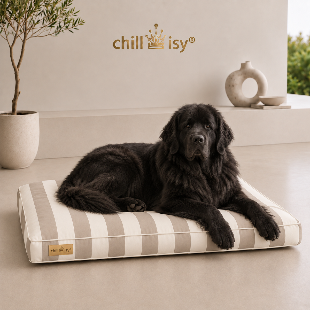 Hundekissen beige wollweiße Blockstreifen hergestellt in Deutschland von chillisy mit Neufundländer präsentiert.