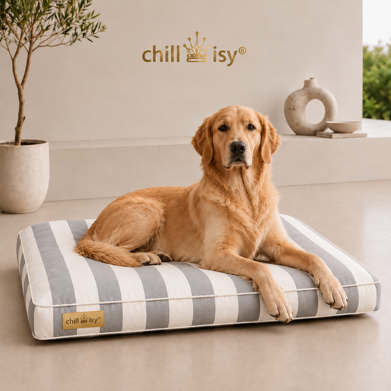 Hundekissen COAST aus Sunbrella Textil hellgrau weiße Blockstreifen hergestellt in Deutschland von chillisy mit Golden Retriever präsentiert.