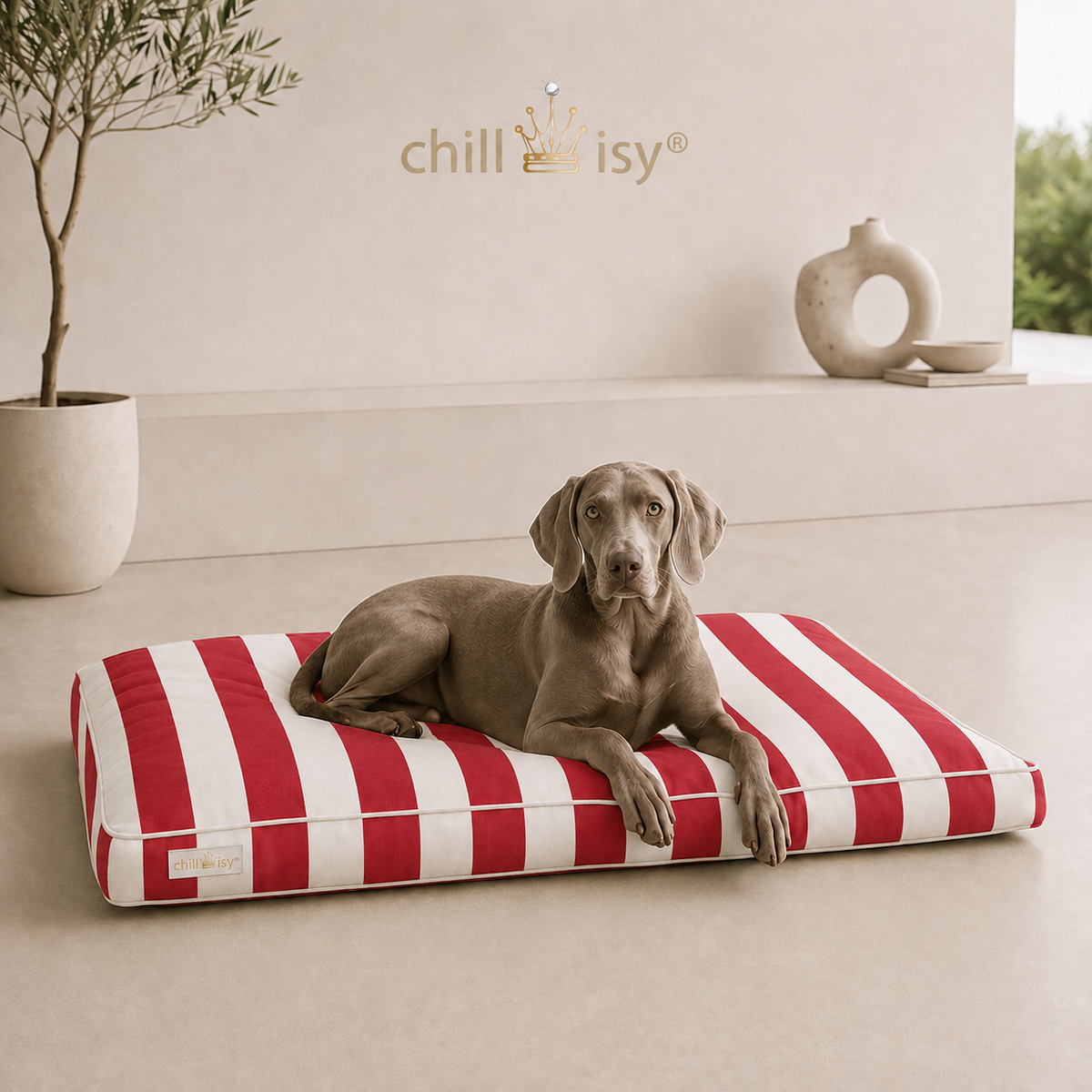 Hundekissen COSTA aus Sunbrella Textil rot weiße Blockstreifen hergestellt in Deutschland von chillisy