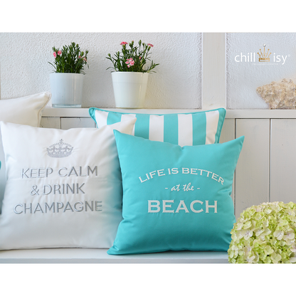 Kissen "Live is better at the beach", Farbe: Türkis, Weiß, Hergestellt in Deutschland, chillisy. online kaufen
