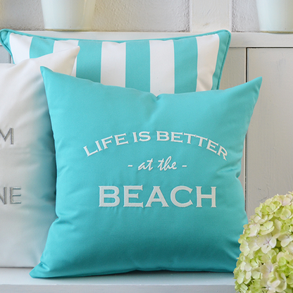 Kissen "Live is better at the beach", Farbe: Türkis, Weiß, Hergestellt in Deutschland, chillisy. online kaufen