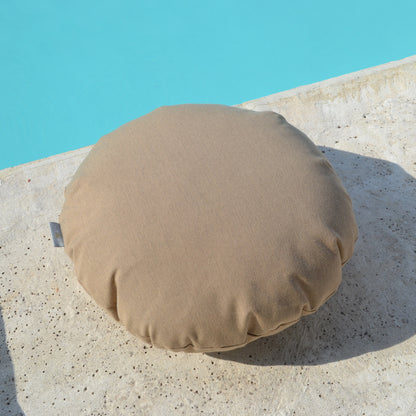 Rundes Kissen, Farbe: Beige Melange, Holzoptik, Hülle mit Reißverschluss, Verwendung Indoor und Outdoor als Dekokissen, Zierkissen, Sitzkissen, Polster. Marke: chillisy, hergestellt in Deutschland.