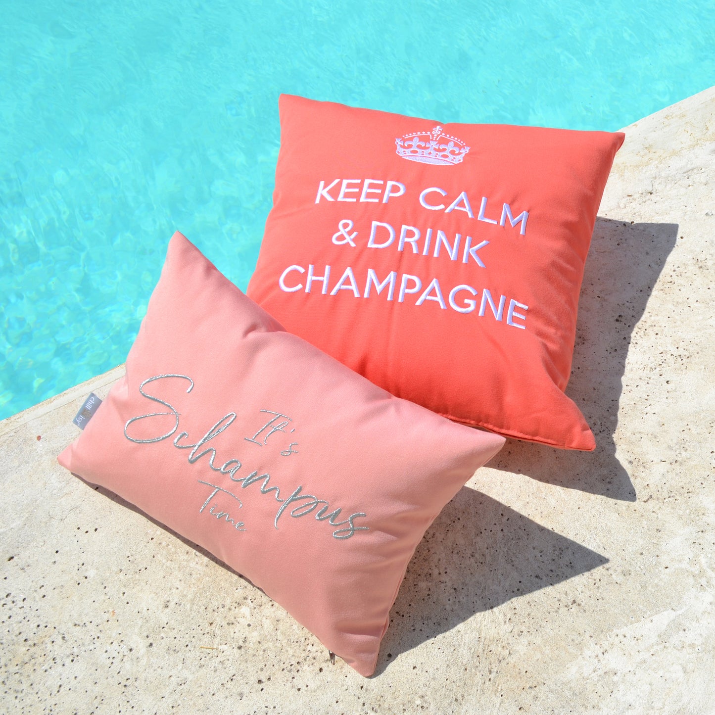 Cushion KEEP CALM &amp; DRINK CHAMPAGNE Pink Grapefruit