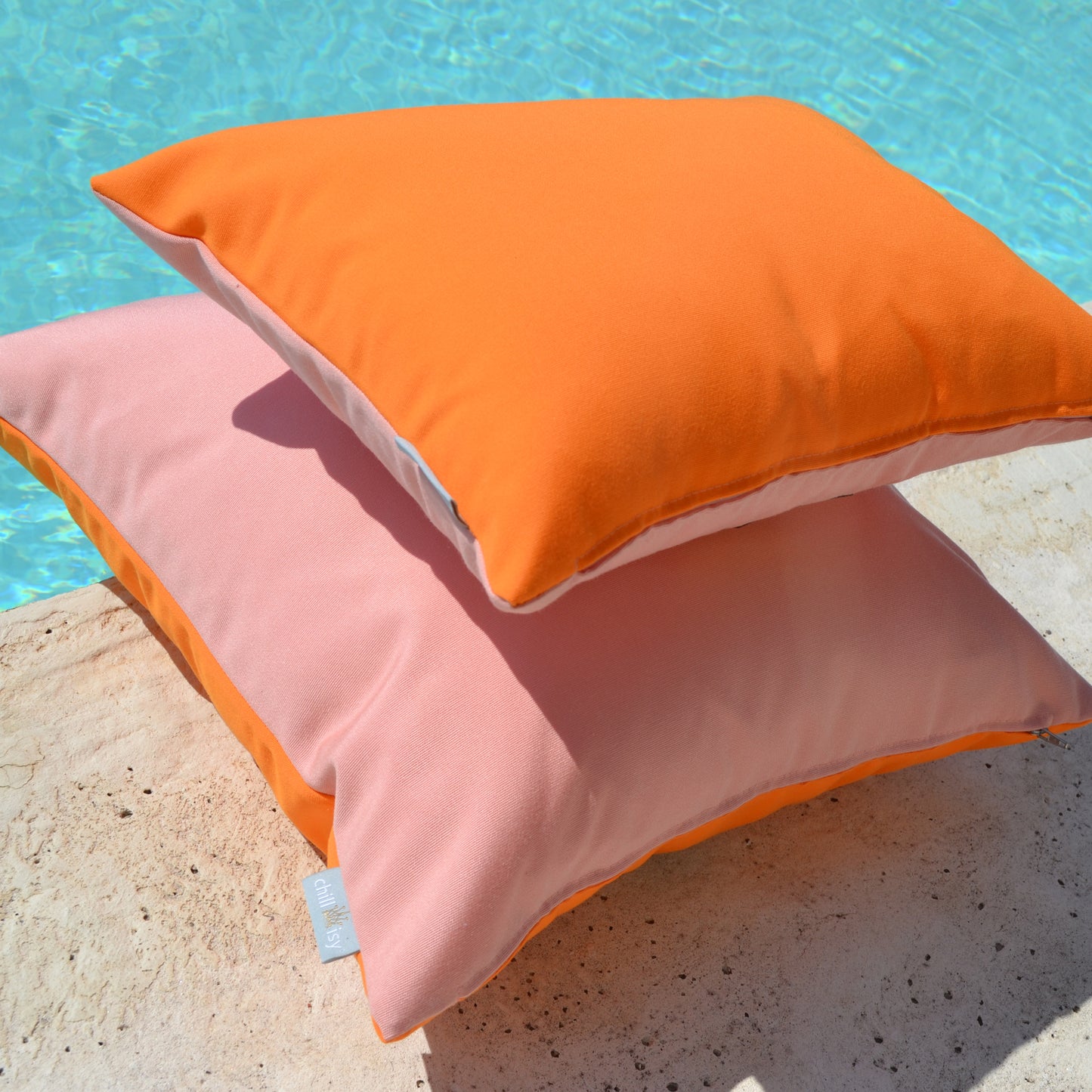 Kissen Sunbrella Double Orange Rosa - 2er Set. Weltweiter Versand. Sunbrella Double Cushion Orange Pink - Set of 2. Worldwide shipping.