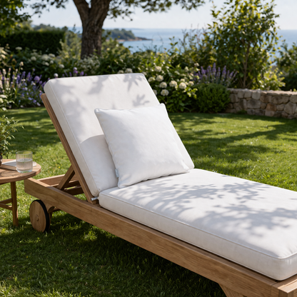 Weißes Gartenkissen 45x45 cm auf weißer Gartenlounge im Garten mit Meerblick dargestellt von chillisy in Deutschland genäht.
