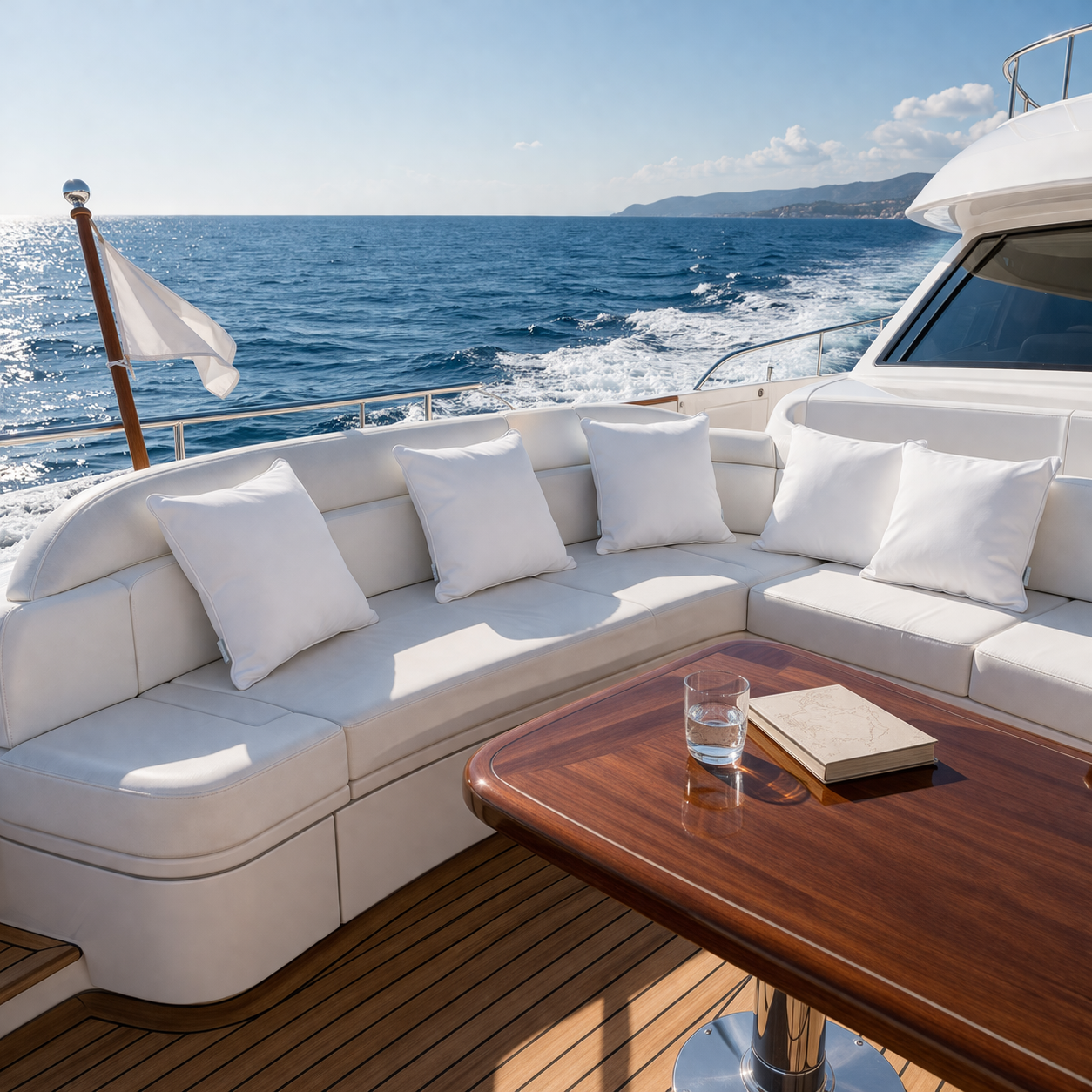 Mehrere weiße Gartenkissen auf weißem Yachtdeck auf dem Meer dargestellt - von chillisy in Deutschland genäht.