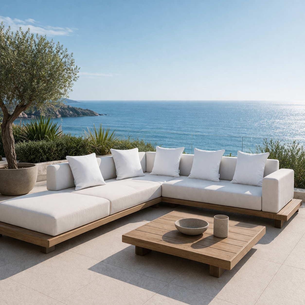 Mehrere weiße Gartenkissen auf beiger Gartenlounge mit Meerblick und Olivenbaum dargestellt von chillisy in Deutschland genäht.