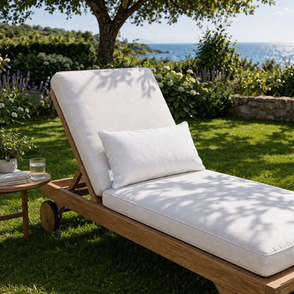 Weißes chillisy Gartenkissen 60x40 cm mit Keder aus witterungsbeständigem Stoff hergestellt in Deutschland, dargestellt auf weißer Sonnenliege im Garten am Meer.