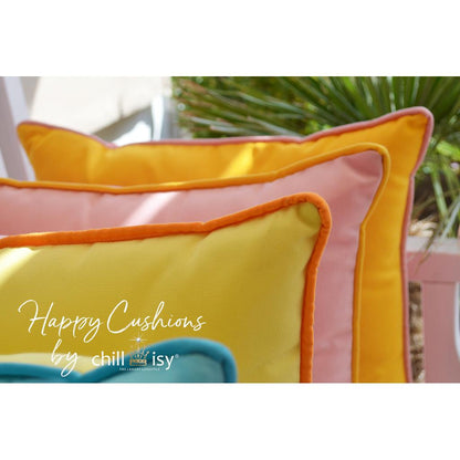 Happy Cushions Kissen Kollektion. In den Farben Türkis, Mint, Indigo Blau, Zitronen Gelb, Mandarinen Orange, Rosa, Pink Grapefruit... Gartenkissen hergestellt in Deutschland von chillisy.