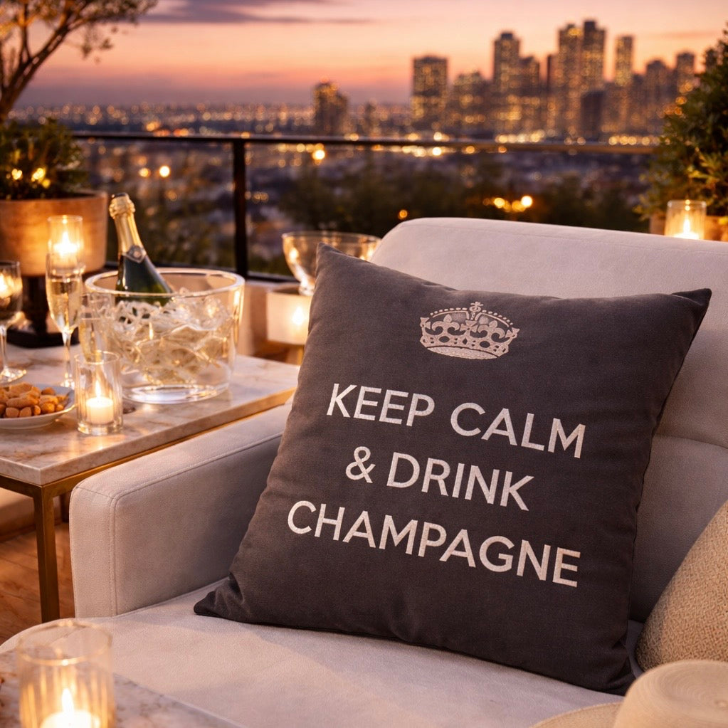 Anthrazit farbenes Kissen KEEP CALM & DRINK CHAMPAGNE auf Rooftop