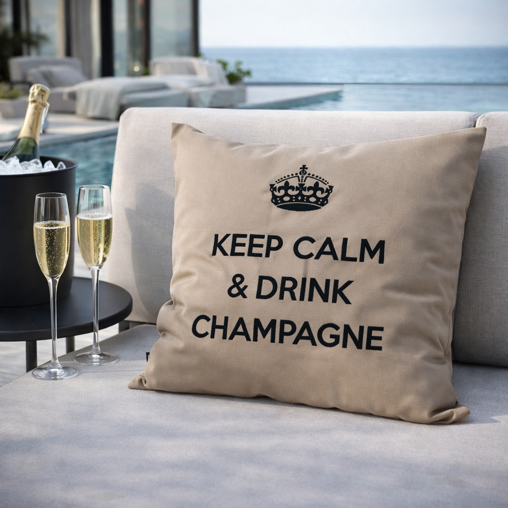 Taupes Outdoor-Dekokissen „Keep Calm & Drink Champagne“ auf moderner Pool-Lounge mit Champagnergläsern – luxuriöses Gartenkissen für Terrasse und Pool.