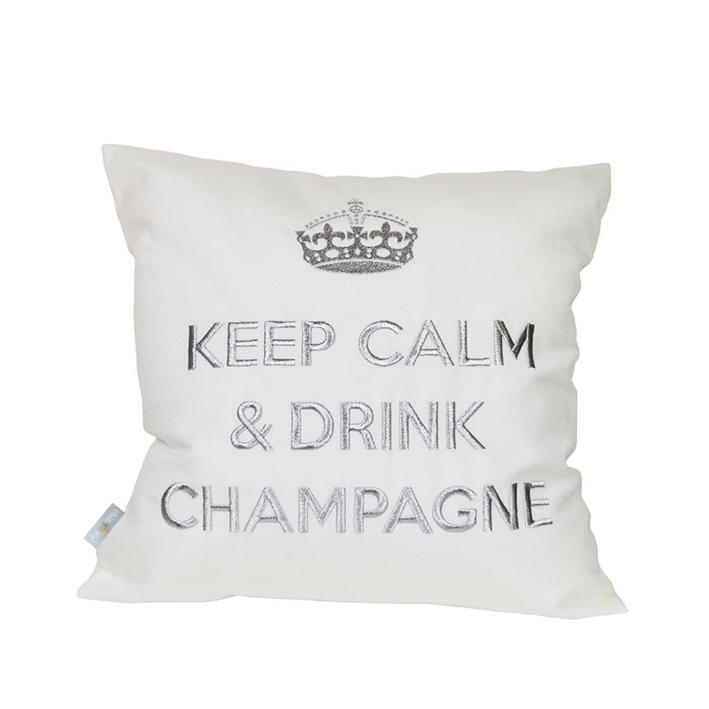 Kissen Keep Calm & Drink Champagne Kissen für Indoor und Outdoor in weiss und silber Indoor auf Fell Teppich