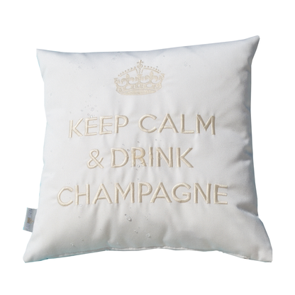 Dekokissen KEEP CALM & DRINK CHAMPAGNE in weiß wollweiss mit Krone bestickt.