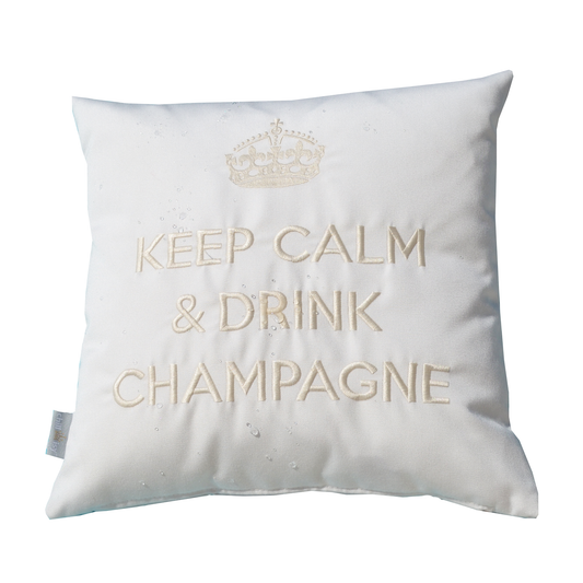 Dekokissen KEEP CALM & DRINK CHAMPAGNE in weiß wollweiss mit Krone bestickt.