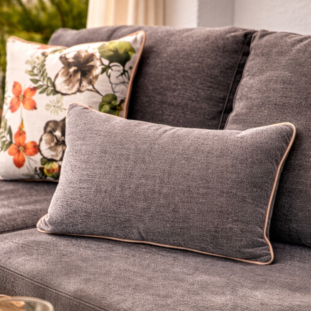 Hochwertige Garten Kissen Jungle Design bunt mit Palmenmotiv für moderne Outdoor Lounge und Rückseite einfarbig anthrazit.