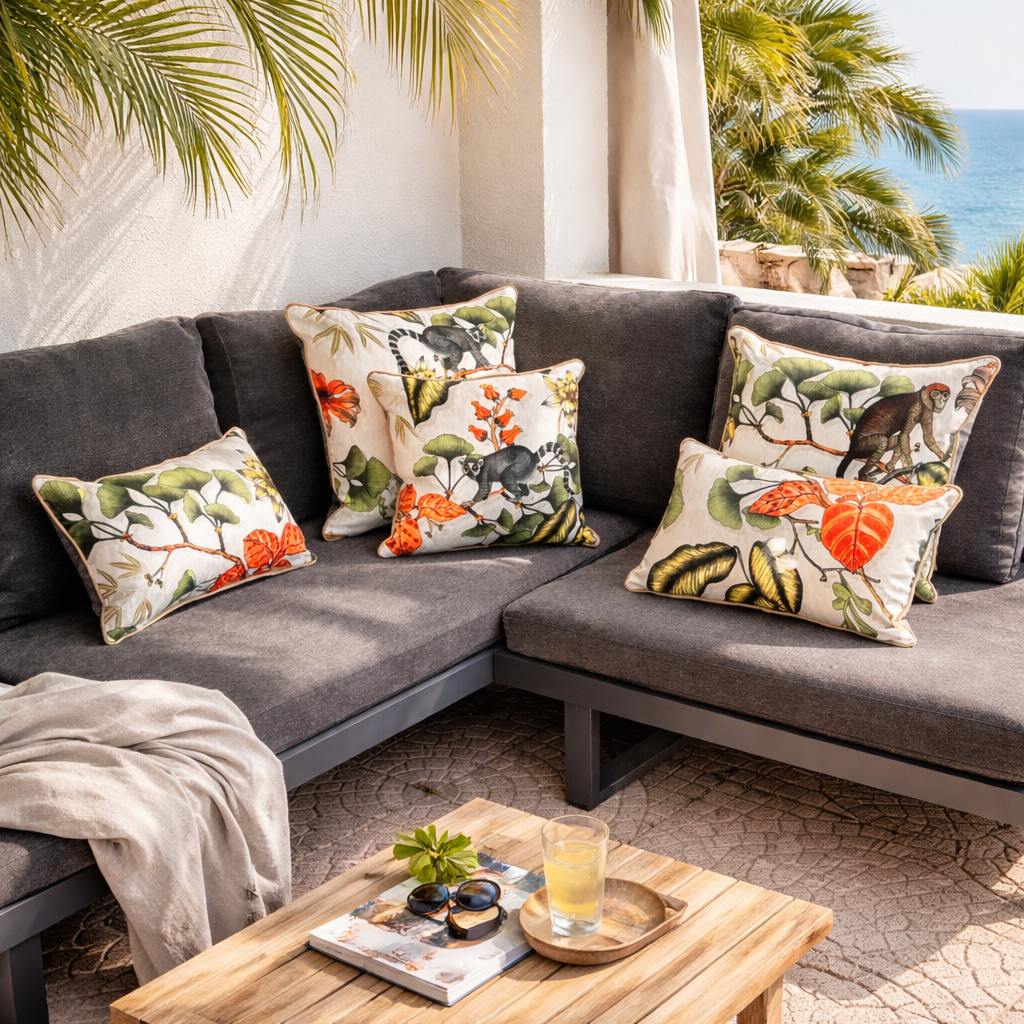Outdoor Designer Kissen Jungle Muster Luxus Made in Germany chillisy Terrasse mit Meerblick
