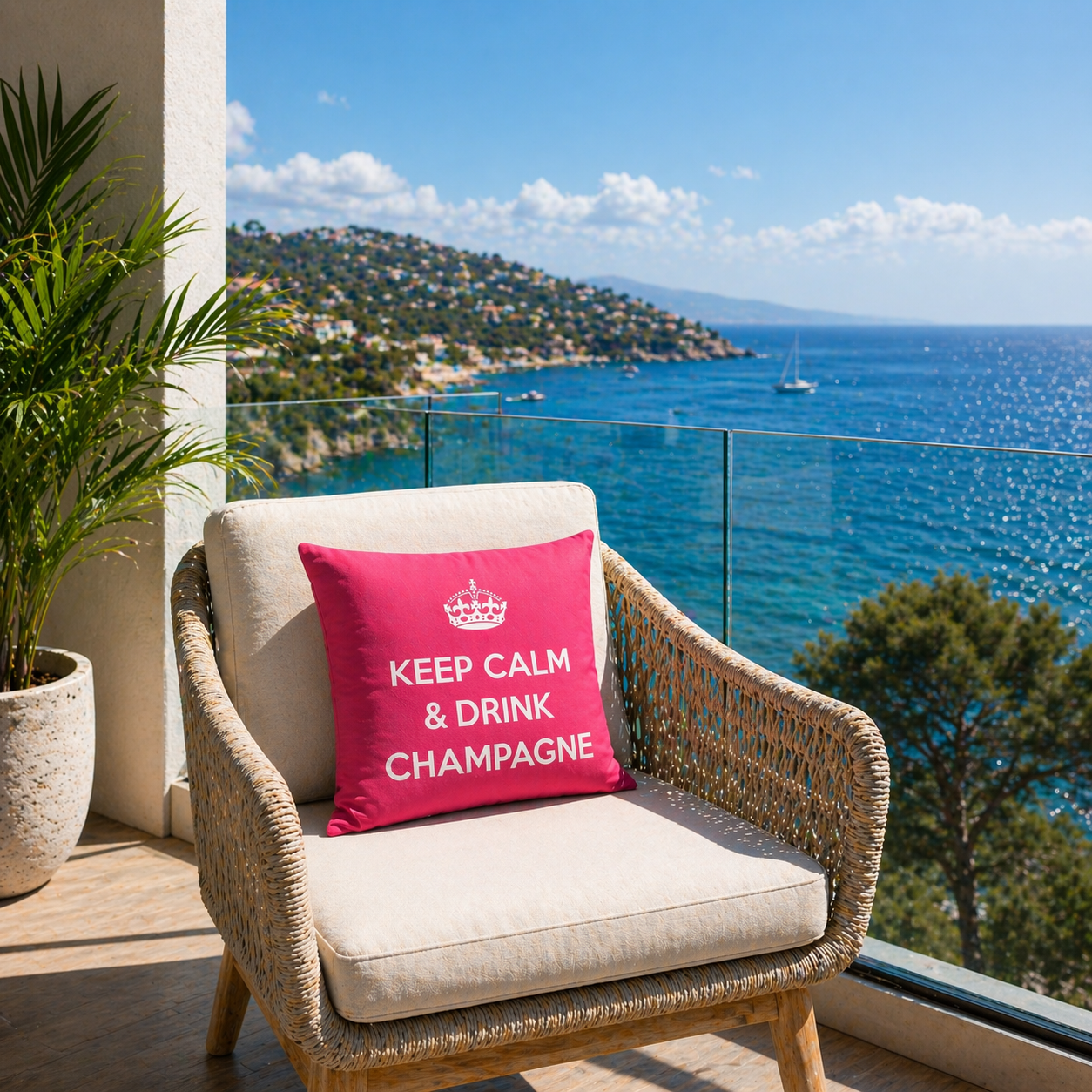 Dekokissen Pink/Weiß mit Krone und Schriftzug KEEP CALM & DRINK CHAMPAGNE auf Gartenstuhl auf einem Balkon mit Glasgeländer und Meerblick präsentiert. Hergestellt von chillisy in Deutschland.