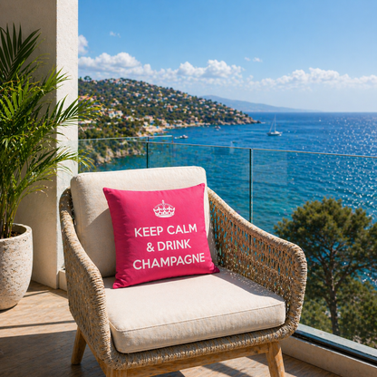 Dekokissen Pink/Weiß mit Krone und Schriftzug KEEP CALM & DRINK CHAMPAGNE auf Gartenstuhl auf einem Balkon mit Glasgeländer und Meerblick präsentiert. Hergestellt von chillisy in Deutschland.