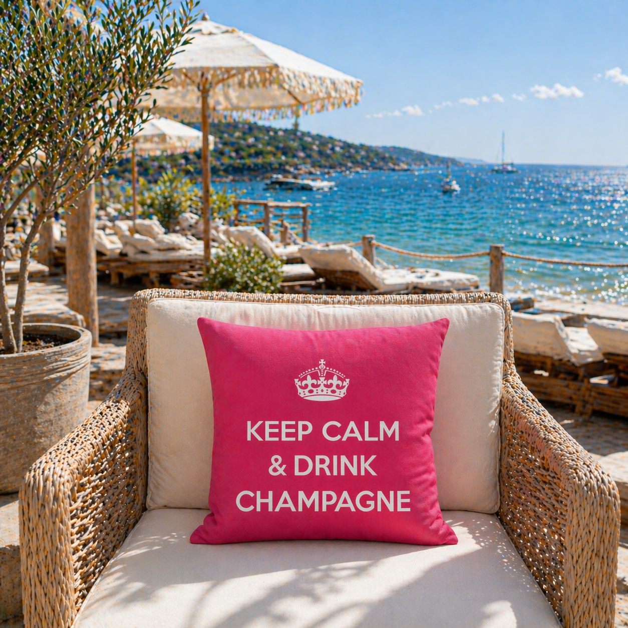 Dekokissen Pink/Weiß mit Krone und Schriftzug KEEP CALM & DRINK CHAMPAGNE auf Gartenstuhl im Beach Club mit Meerblick präsentiert. Hergestellt von chillisy in Deutschland.
