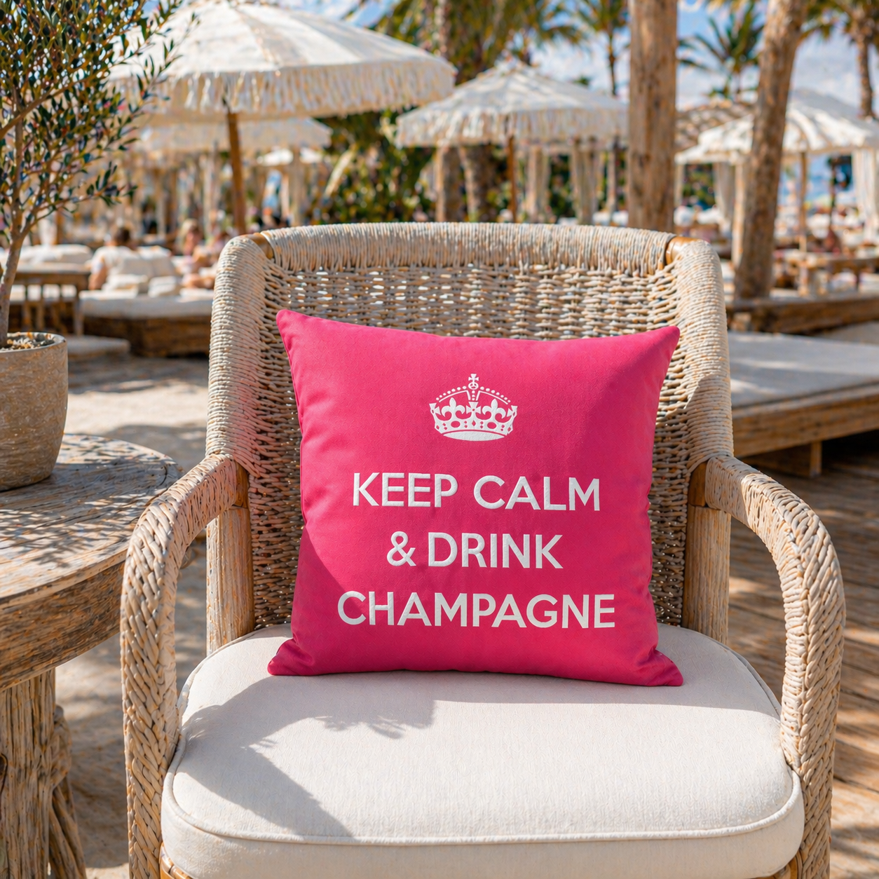Dekokissen Pink/Weiß mit Krone und Schriftzug KEEP CALM & DRINK CHAMPAGNE auf Gartenstuhl im Beach Club präsentiert. Hergestellt von chillisy in Deutschland.