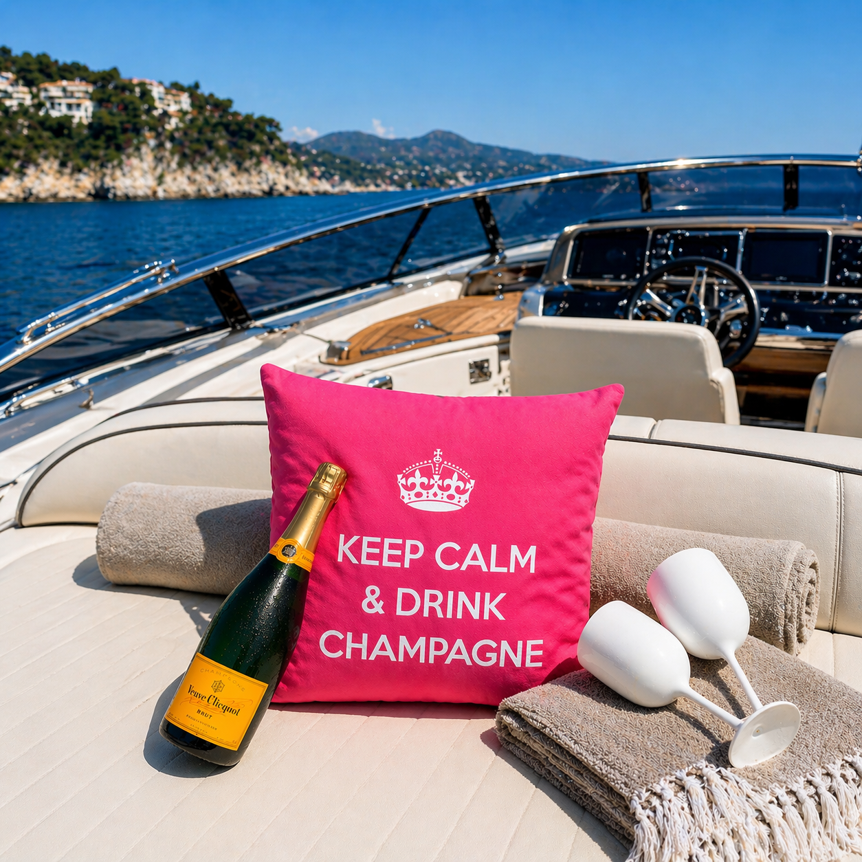 Dekokissen Pink/Weiß mit Krone und Schriftzug KEEP CALM & DRINK CHAMPAGNE auf Bootsdeck im Meer mit Küstenblick. Hergestellt von chillisy in Deutschland.