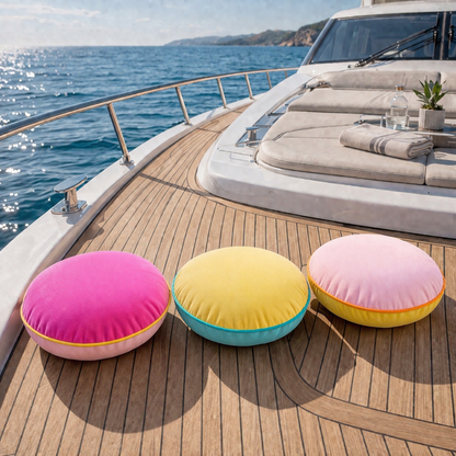 rundes flaches Outdoor Sitzkissen HAPPY CUSHIONS auf Yachtdeck
