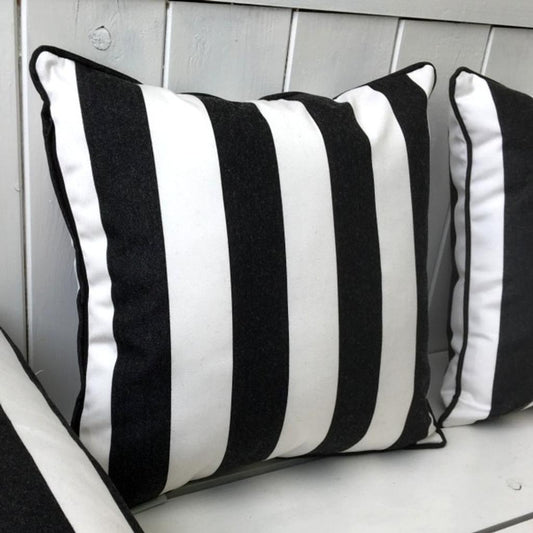 Sunbrella Outdoor cushion, black and white striped lengthways, black piping