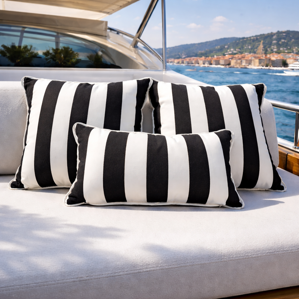 Kissen auf Yacht, Farbe: schwarz weiß, längs gestreift, Verwendung: Indoor, Outdoor, Yacht. weißer Keder. Kollektion Yacht. Marke: chillisy.