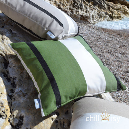 Kissen Sunbrella® Canyon Grün weiß schwarz gestreift.
