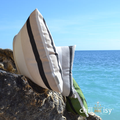 Kissen Sunbrella® Canyon Beige weiß schwarz gestreift.