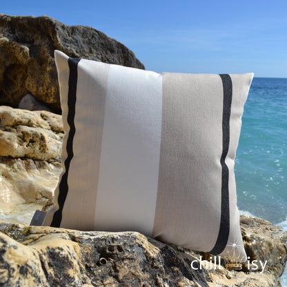 Kissen Sunbrella® Canyon Beige weiß schwarz gestreift.