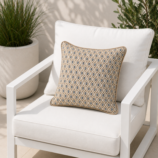 Beiges Kissen Sunbrella KOMO RAFFIA wetterfest für Outdoor und Indoor hergestellt von chillisy in Deutschland. Dargestellt auf weißem Gartenstuhl mit weißen Polstern.