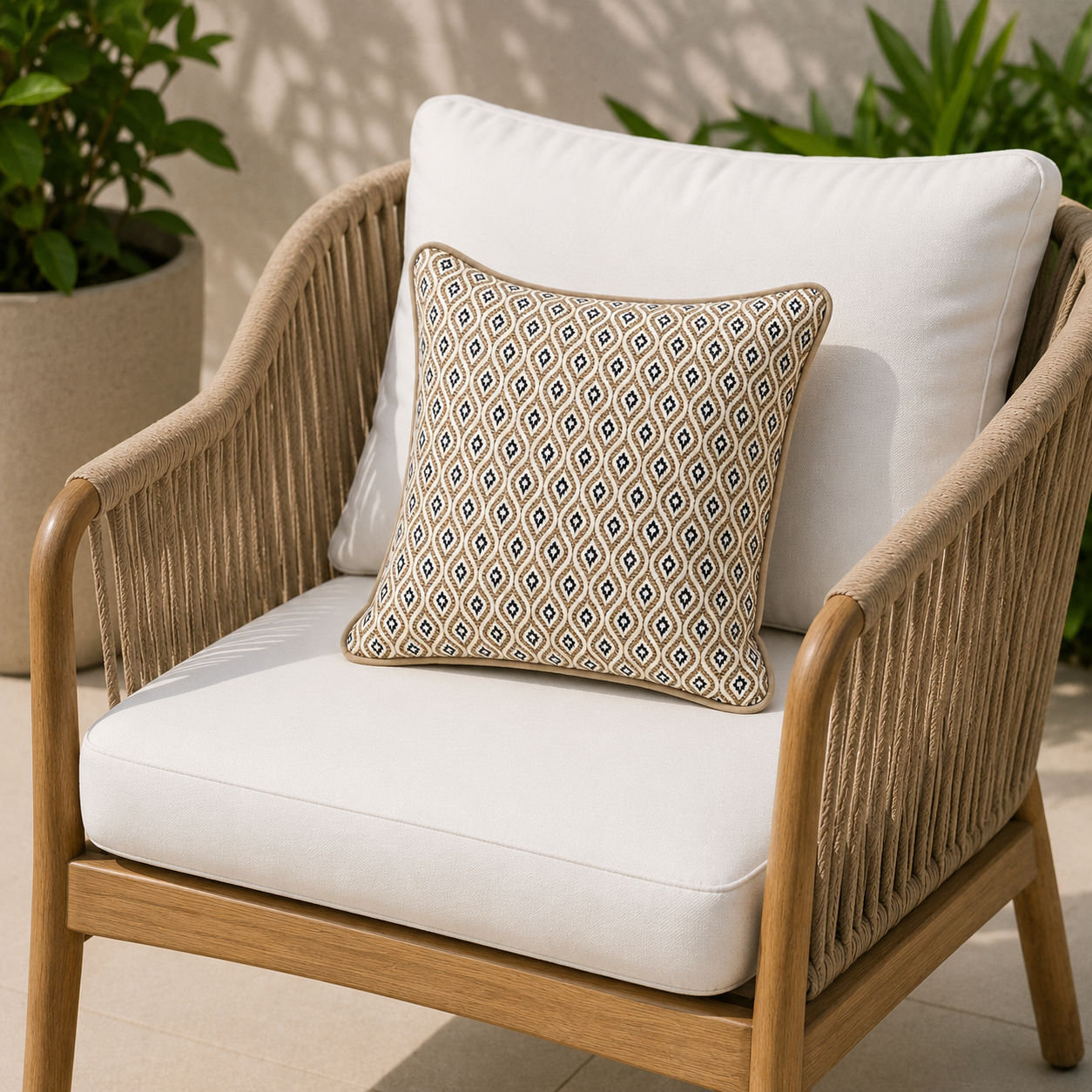 Beiges Kissen Sunbrella KOMO RAFFIA wetterfest für Outdoor und Indoor hergestellt von chillisy in Deutschland. Dargestellt auf beigen Gartenstuhl mit weißen Polstern.