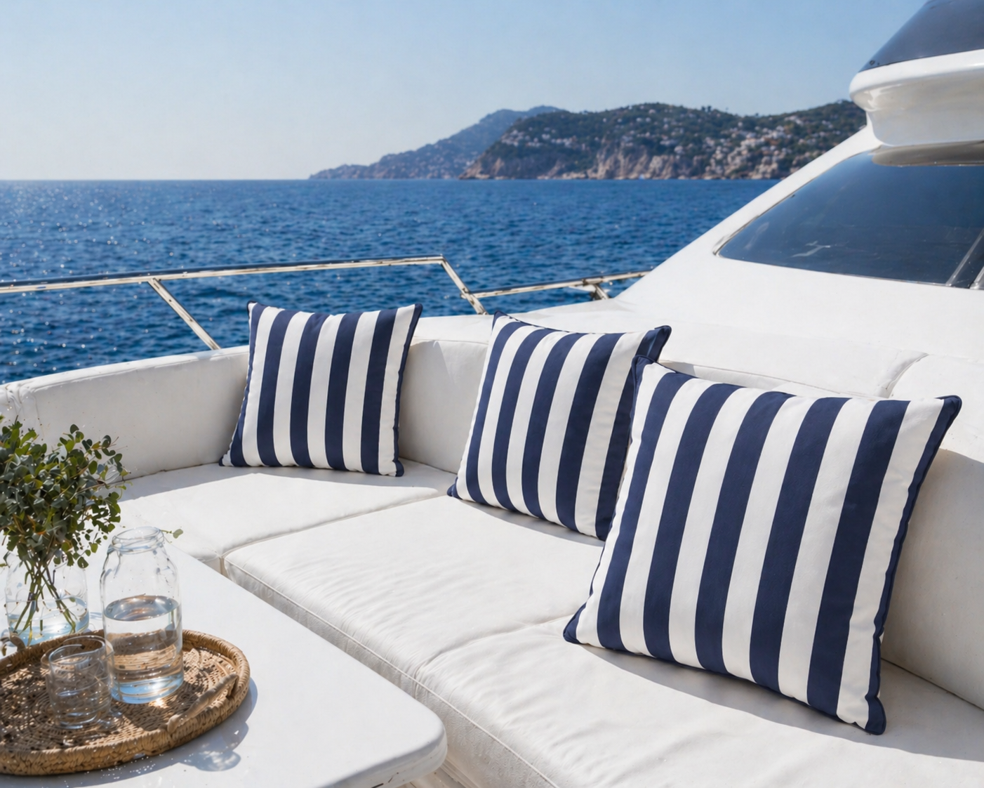 Luxus Outdoor Kissen blau weiß gestreift mit blauem Keder aus Sunbrella Vision Costa Capri von chillisy gefertigt, an Bord einer Motoryacht.