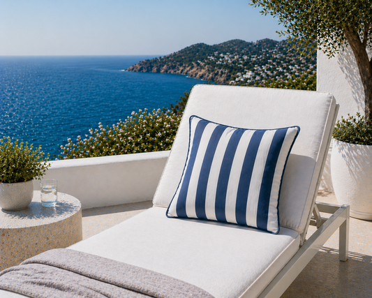 Luxus Outdoor Kissen blau weiß gestreift mit blauem Keder aus dem Stoff Sunbrella Vision Costa Capri von chillisy in Deutschland gefertigt, auf Sonnenliege auf Terrasse von Capri.