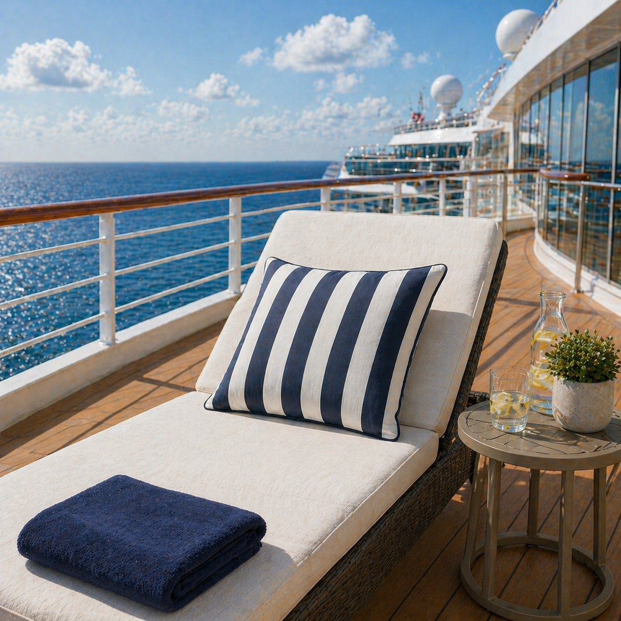 Luxus Outdoor Kissen blau weiß gestreift mit blauem Keder aus Sunbrella Vision Costa Capri von chillisy gefertigt, auf Sonnenliege an Bord eines Kreuzfahrtschiffs.