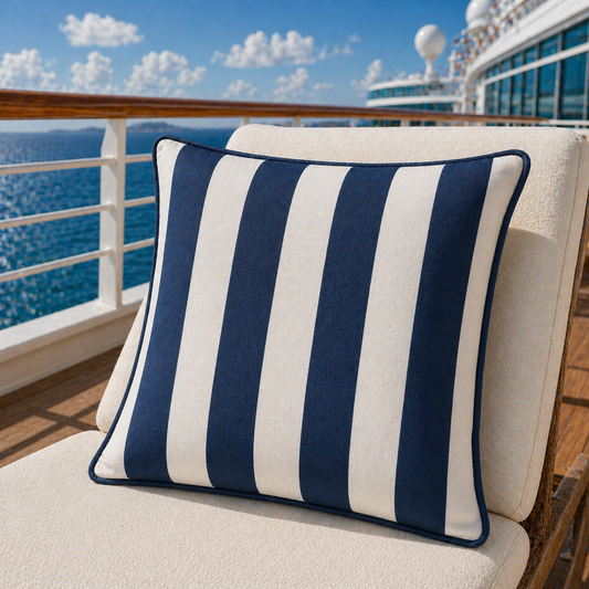 Luxus Outdoor Kissen blau weiß gestreift mit blauem Keder aus Sunbrella Vision Costa Capri von chillisy gefertigt, auf Sonnenliege an Bord eines Kreuzfahrtschiffs