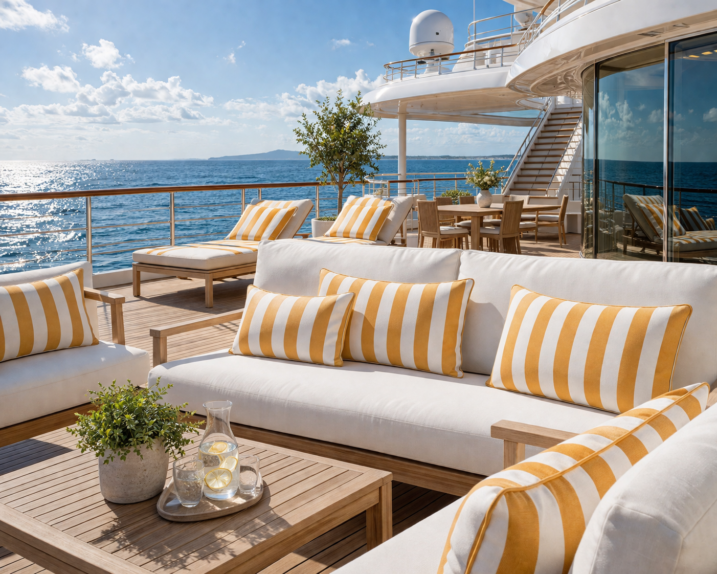 Outdoor Kissen Sunbrella Vision Costa Menton in Honig Sand gestreift mit Keder von chillisy in Deutschland hergestellt auf weißen Sonnenliegen und Gartenstühlen auf dem Deck einer Yacht  – wetterfest & UV-beständig.