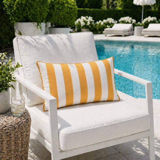 Outdoor Kissen Sunbrella Vision Costa Menton in Honig Sand gestreift mit Keder von chillisy in Deutschland hergestellt auf weißem Loungesessel am Pool – wetterfest & UV-beständig