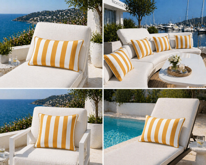Outdoor Kissen Sunbrella Vision Costa Menton in Honig Sand gestreift mit Keder von chillisy in Deutschland hergestellt auf weißer Sonnenliege am Pool  – wetterfest & UV-beständig, am Meer, im Yachthafen.