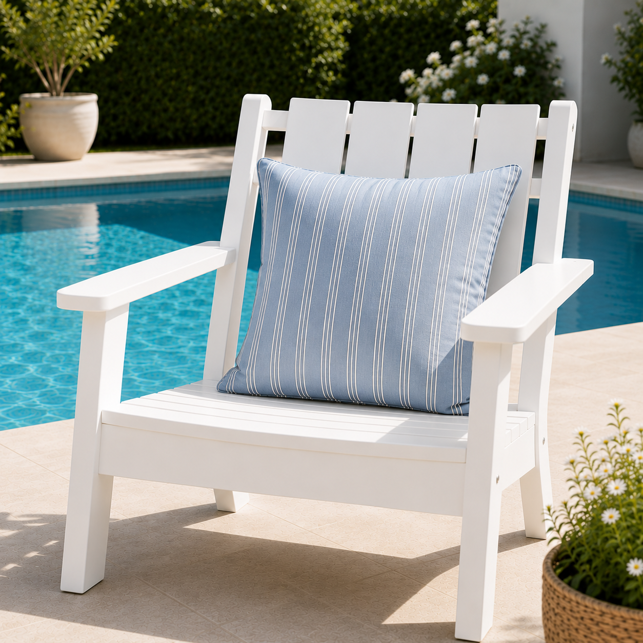 Hellblau-weiß gestreiftes chillisy® Outdoor Kissen auf weißem Gartenstuhl am Pool – luxuriöses wetterfestes Dekokissen für Terrasse, Garten und Yacht, Made in Germany