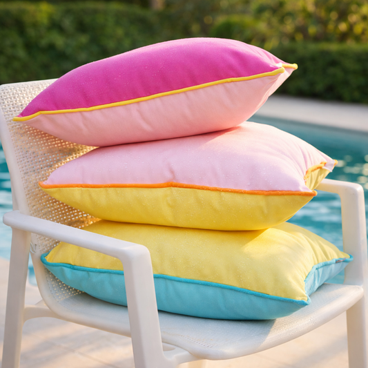 Moderne Gartenkissen in sommerlichen Farben auf weißem Holzstuhl am Pool – hochwertige wetterfeste chillisy Outdoor Kissen