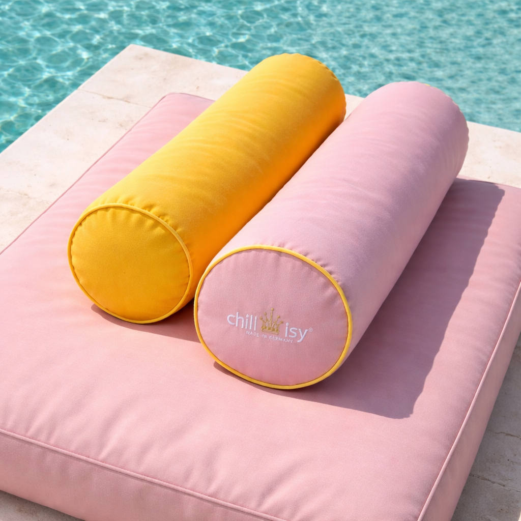 Rosa chillisy Nackenrolle mit gelber Paspel, Outdoor Kissen zylindrisch für Pool, Garten und Yacht, wasserabweisend, UV-beständig, Made in Germany

