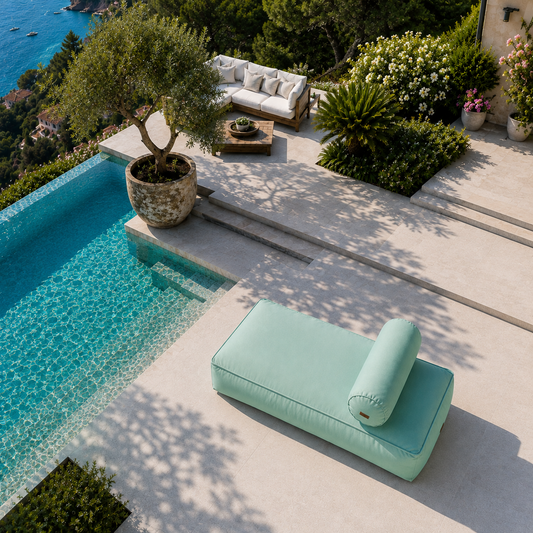 chillisy® Daybed in Mint mit Nackenrolle auf luxuriöser Poolterrasse mit Meerblick aus der Vogelperspektive