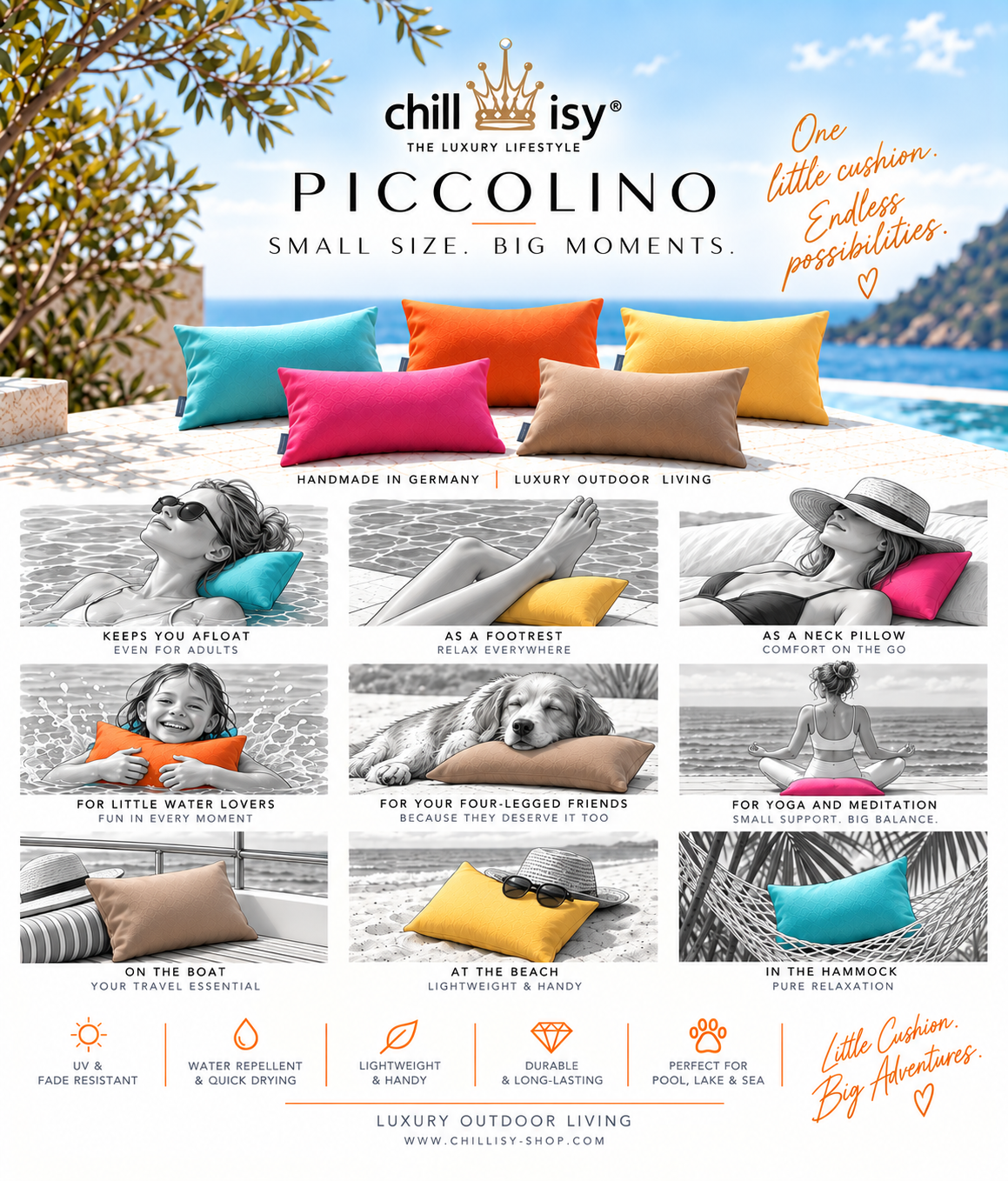 chillisy Piccolino Schwimm-, Reise- und Outdoor-Kissen – vielseitig für Pool, Strand, Boot, Yoga und Hund