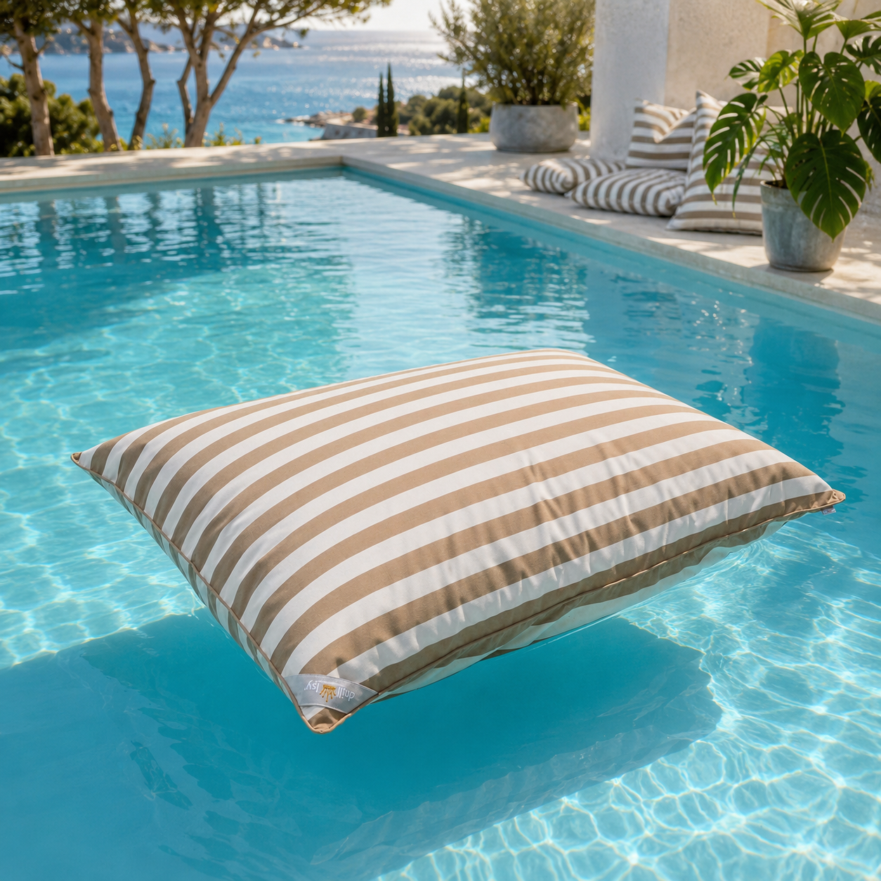 chillisy® Pool Sitzsack LE CLUB in Beige-Creme mit Blockstreifen auf dem Wasser – luxuriöser Premium Pool Sitzsack für Pool und Terrasse