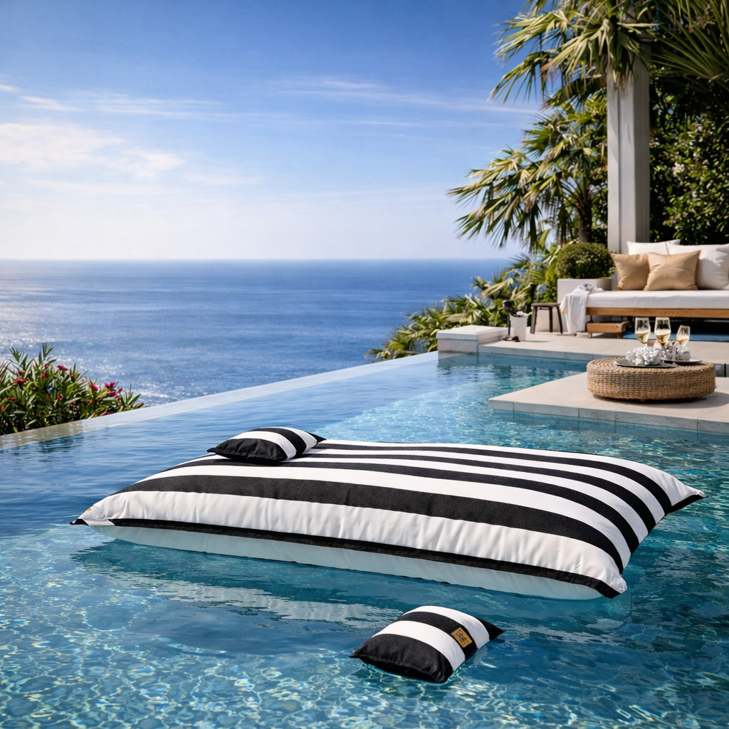 Schwarz weiß gestreifter Pool Sitzsack Lungo von chillisy auf dem Wasser schwebend mit Piccolino Swimmkissen.